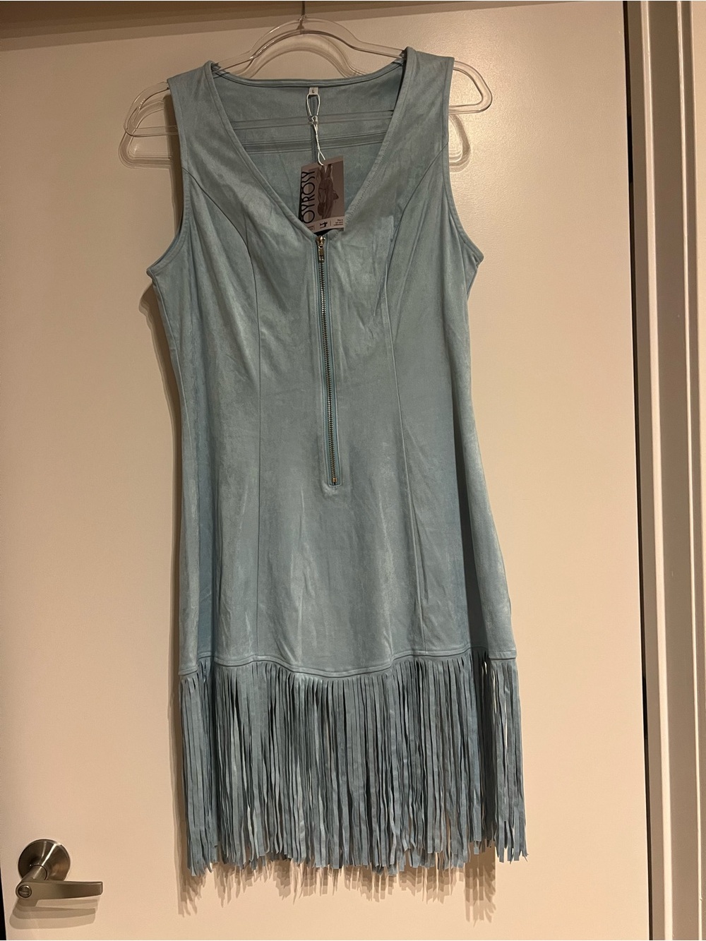 Light Blue Fringe Tank Dress with Front Zip OYROSY Size Large. NWT